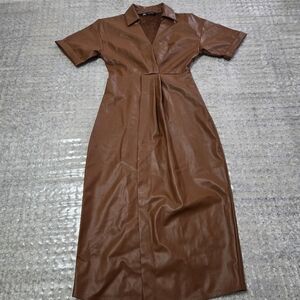 Zara Brown Faux Leather Midi Dress